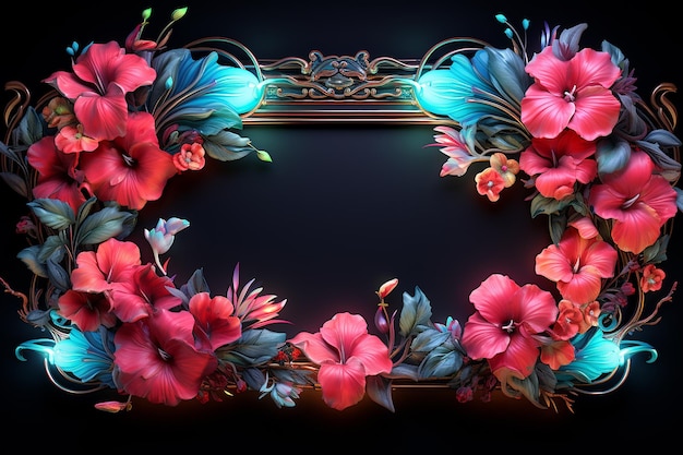 Rectangular Floral Frame with Carving and Glow from Neon Light on Dark Background