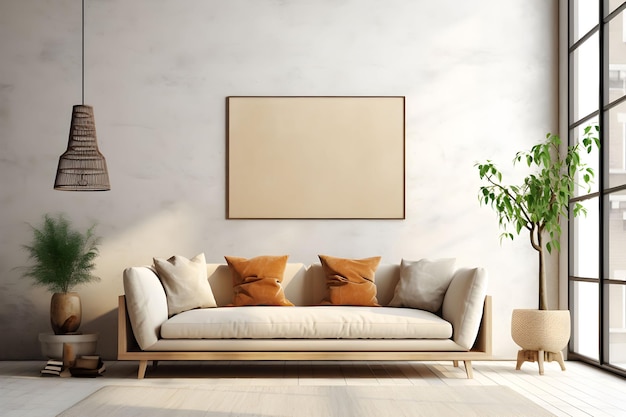 Rectangular frame poster mockup on light concrete wall in living interior with modern boho furniture and big window century beige sofa scandinavian style interior decoration Generated AI