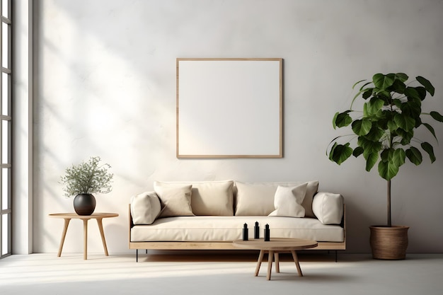 Rectangular frame poster mockup on light concrete wall in living interior with modern boho furniture and big window century beige sofa scandinavian style interior decoration Generated AI