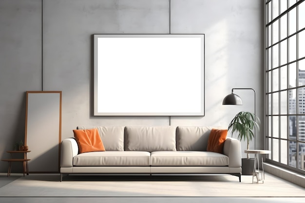 Rectangular frame poster mockup on light concrete wall in living interior with modern boho furniture and big window century gray sofa scandinavian style interior decoration Generated AI