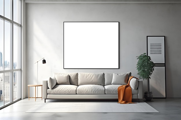 Rectangular frame poster mockup on light concrete wall in living interior with modern boho furniture and big window century gray sofa scandinavian style interior decoration Generated AI