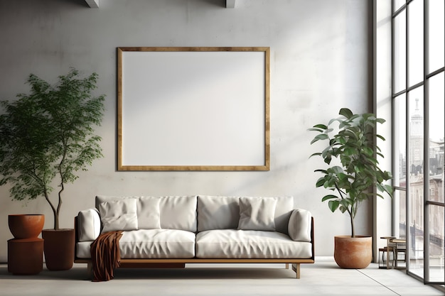 Rectangular frame poster mockup on light concrete wall in living interior with modern boho furniture and big window century gray sofa scandinavian style interior decoration Generated AI