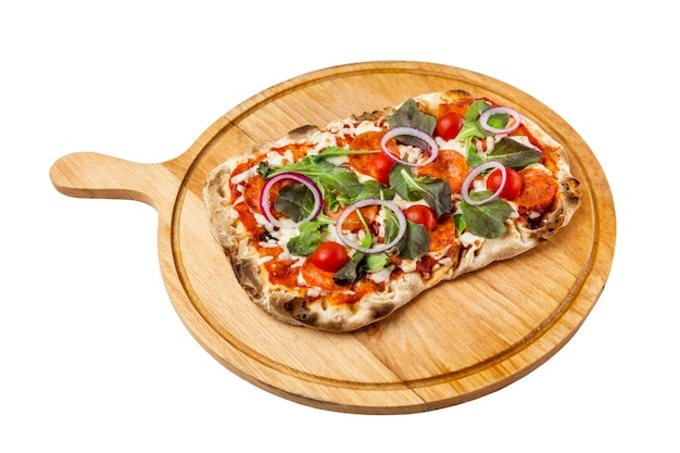 Rectangular pizza with vegetables Margherita on a crispy dough served on a wooden board Traditional dish of Italian cuisine Top view Closeup Isolated on white background