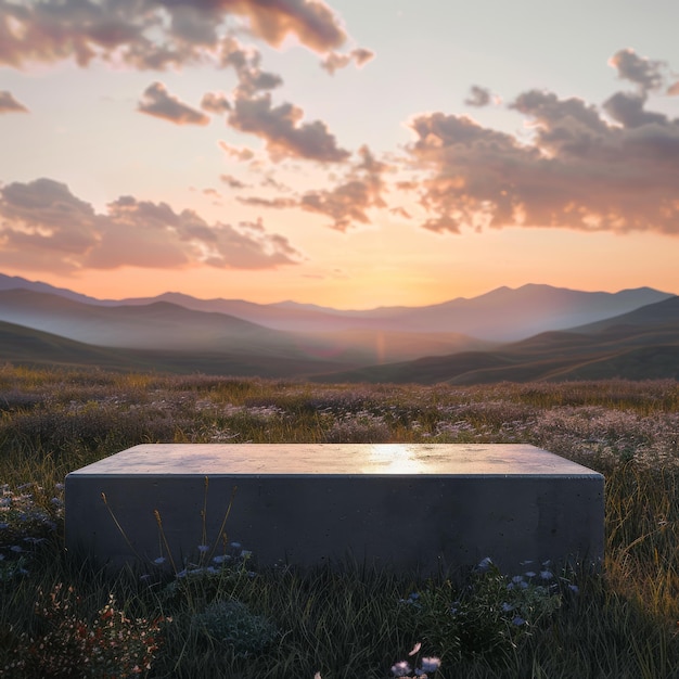 Rectangular podium in the foreground of an open field with mountains and sunset