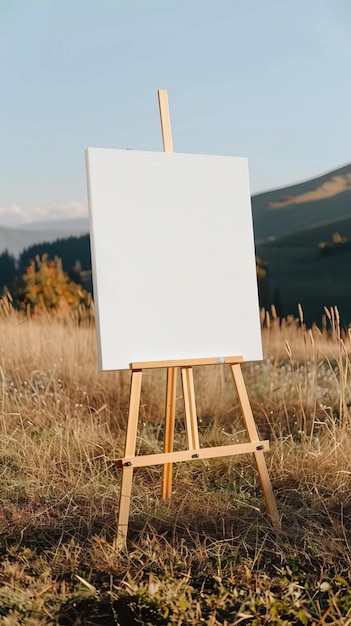 Photo rectangular shaped canvas only in white color standing on the easel in front of the countryside wedding background