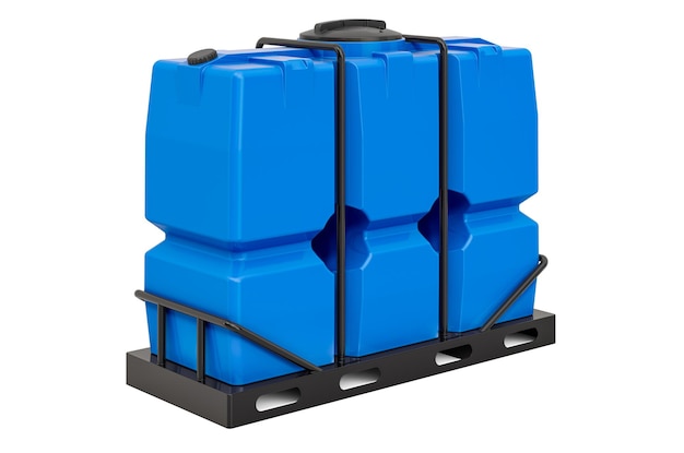 Rectangular Water Storage Tank with plastic skeleton and pallet 3D rendering