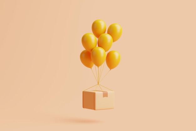 Recyclable box floats on a bunch of yellow balls on peach background 3D render illustration