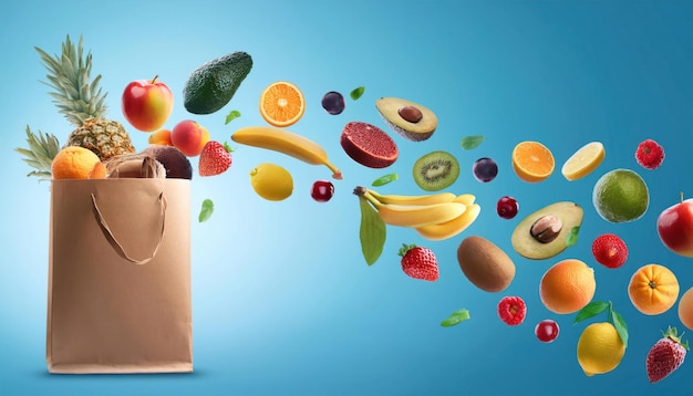 Recyclable Paper Bag with Fresh Fruits Flying Out Copy Space on Blue Background