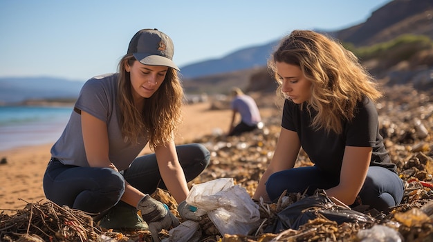 Recycle and community volunteer project with young people cleaning plastic and trash