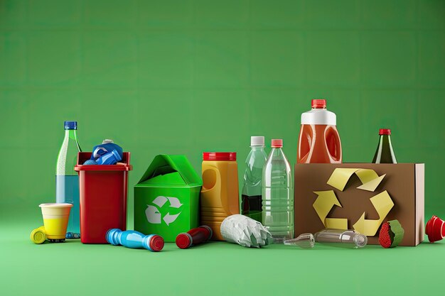 Photo recycle icon with waste products on green background