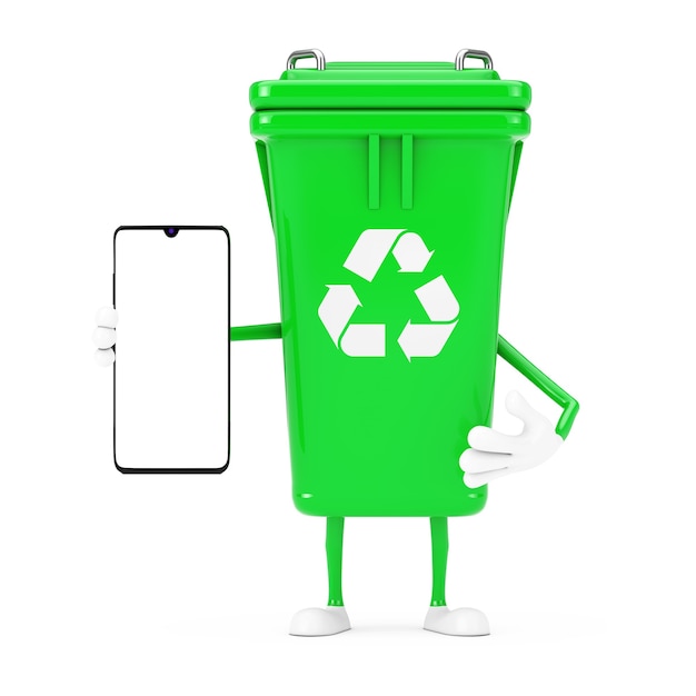 Recycle Sign Green Garbage Trash Bin Character Mascot with Modern Mobile Phone with Blank Screen for Your Design on a white background. 3d Rendering