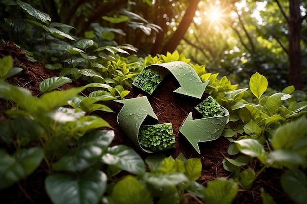 Photo recycle symbol in front of lush foliage reuse ecology eco environment greenery