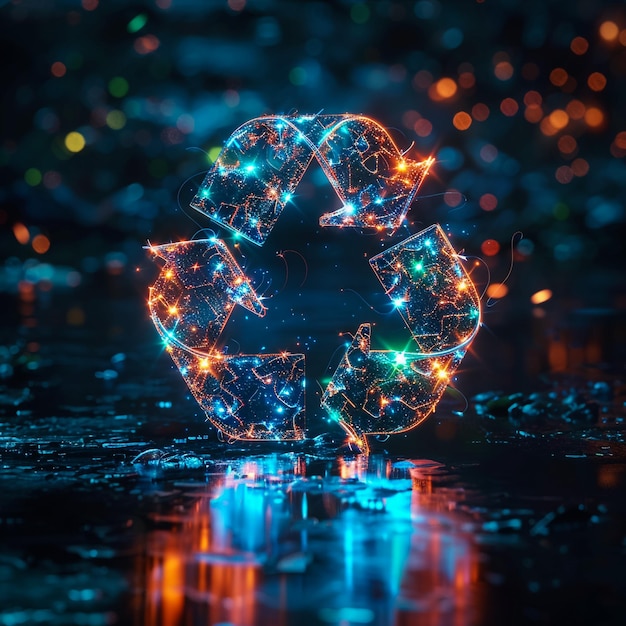 Photo a recycle symbol is reflected in a puddle of water