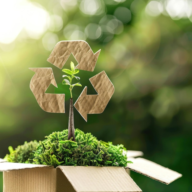 Recycle Symbol and Seedling in Cardboard A young plant grows through a recycle symbol cutout on cardboard symbolizing sustainability and ecofriendliness