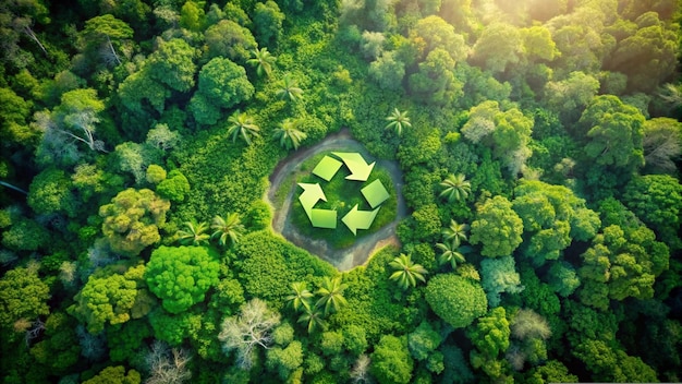 Recycle and Zero waste symbol in the middle of a beautiful untouched jungle for Sustainable environment development goals on Top view of nature SDGs ESG NetZero and co2