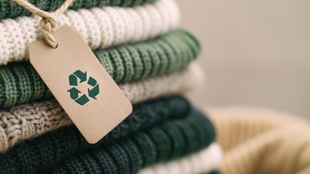 Photo recycled symbol tag on a stack of green sweaters high quality image