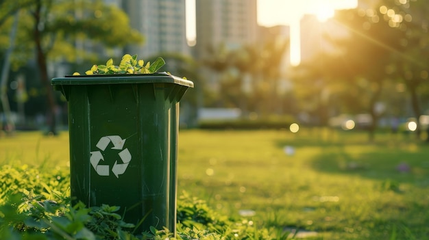 Recycling bin on green city background Ecology and Environment conservation resource sustainable Recycle concept ar 169 Job ID f435bd91862f47cf905b43c6922e8170