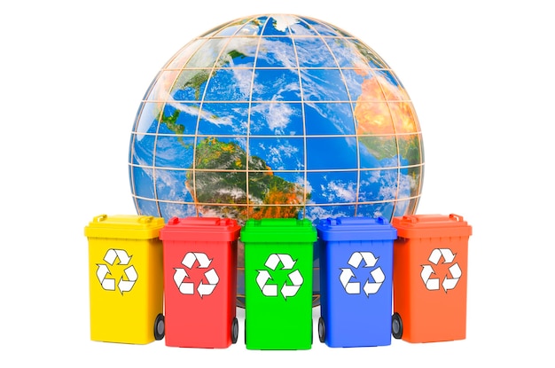 Recycling bins with Earth Globe 3d rendering