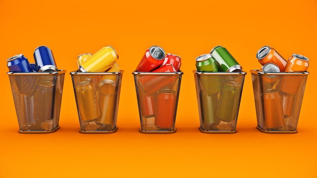 Recycling concept drink cans in the trash bin. 3d rendering