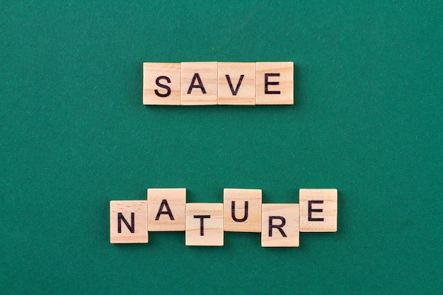 Recycling helps to save nature. Wooden cubes with letters isolated on green background.