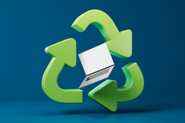 Recycling of old equipment Recycle icon and laptop on a blue background 3D render