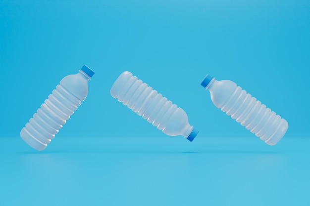 Recycling of plastic bottles empty plastic bottles flying on a blue background 3D render