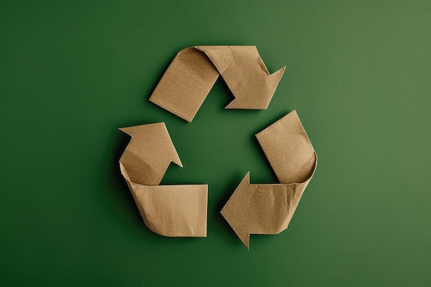 Photo recycling symbol cut out of kraft paper on green background top view