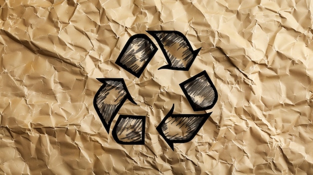 A recycling symbol is illustrated on a crumpled piece of brown paper