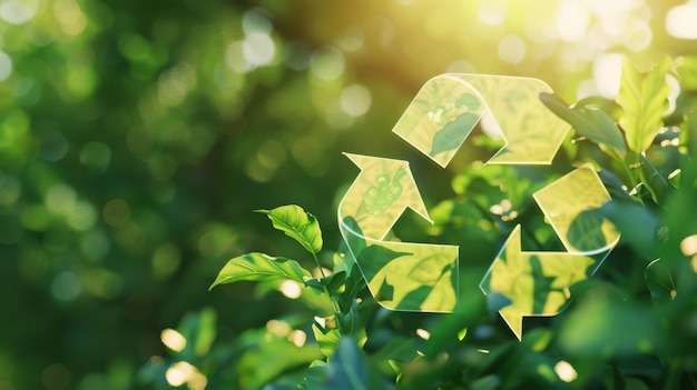 The recycling symbol is integrated with vibrant green leaves promoting the concept of sustainability against a lush verdant background