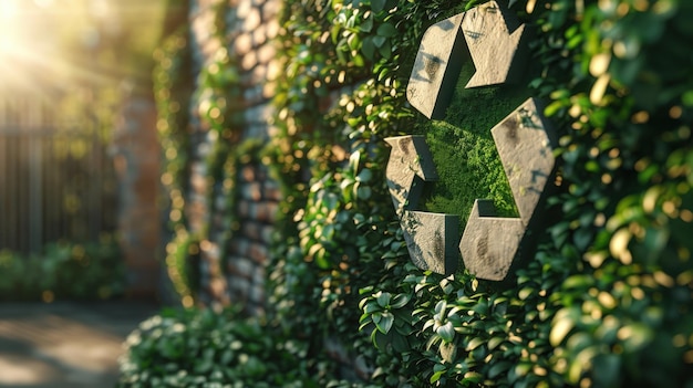 Photo recycling symbol on lush green foliagexa