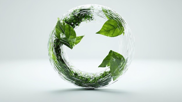 Photo recycling symbol made of clear glass and green leaves reflecting sustainability and ecofriendliness