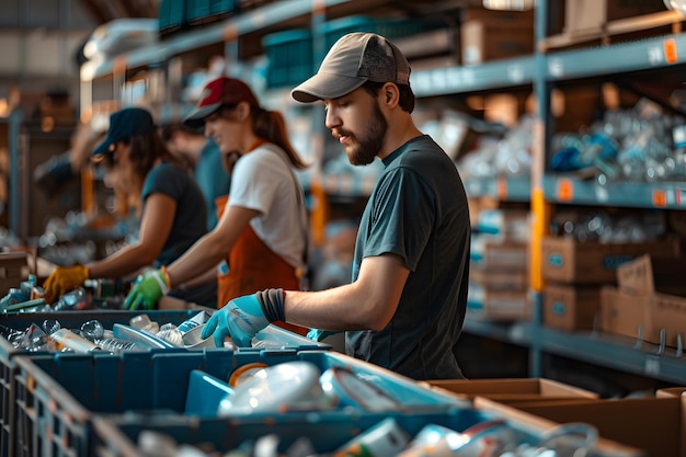 Recycling Workers Sorting Plastic Bottles in a Warehouse