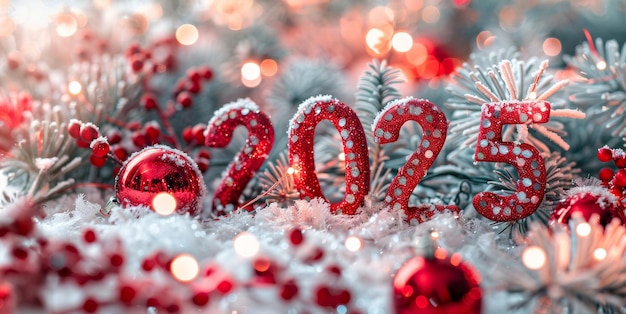 Red 2025 Numbers 2025 New Year Background with Red Balls Christmas Tree Branches and Glitter Snow