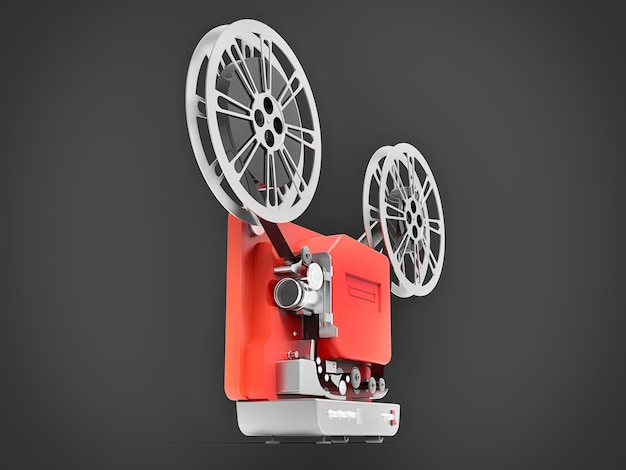 Red 3d cinema film projector isolated on gray background. 3d rendering.