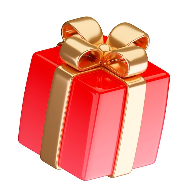 Red 3d gift box icon with gold ribbon 3d render flying modern holiday surprise box