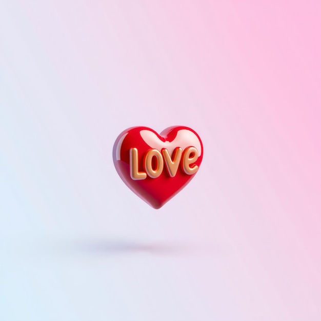 Photo red 3d heart with gold love lettering on a pink gradient background