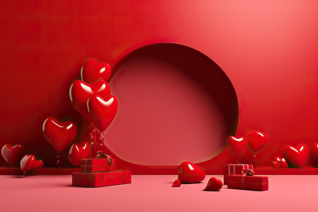 red abstract abstract background with red gift boxes and balloons in the style of readymade