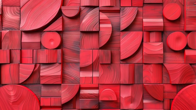 Red abstract carved wood blocks geometric mosaic background playful forms