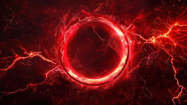 Red abstract circle with plasma lightning particle effects surrounded by a ring of swirling glow particles The design features intense vibrant red hues with dynamic highenergy visual effects