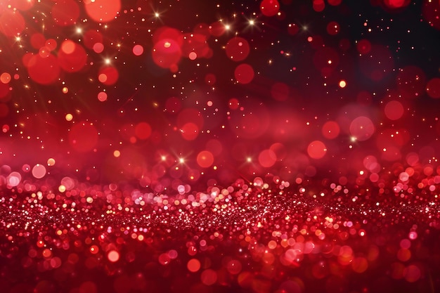 Red abstract glitter background with bokeh lights red glowing particles and stars on dark red backd