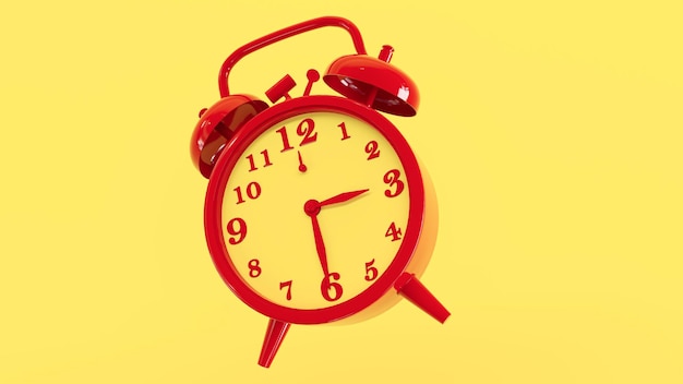 Red alarm clock isolated on yellow background 3d rendering