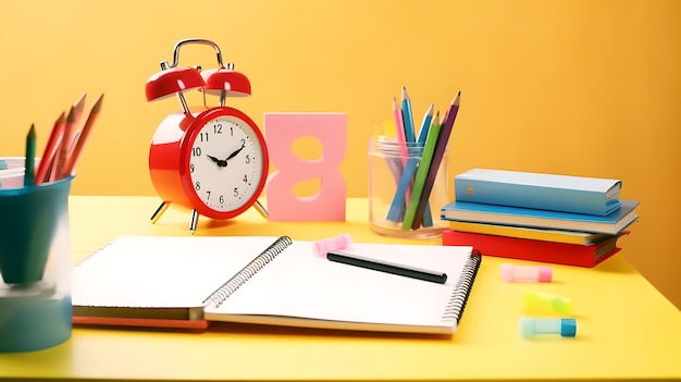 A red alarm clock sits on a desk with a number 8 on it.