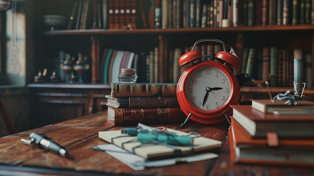 Red Alarm Clock and Various Stationery on Wooden Table