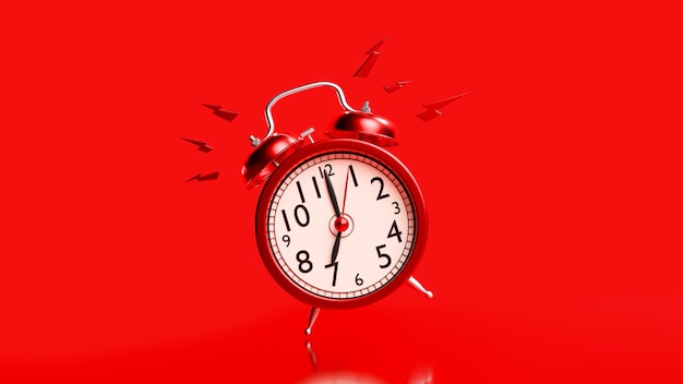 Red alarm clock with clipping path. Alarm at 07.00. Minimal idea concept, 3D Render.