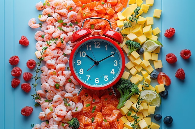 A red alarm clock with food inside on pastel background