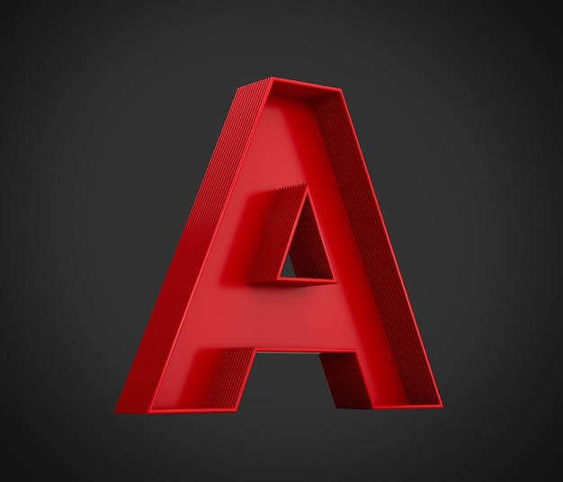 Red alphabet A with inner shadow isolated on black background. 3d illustration