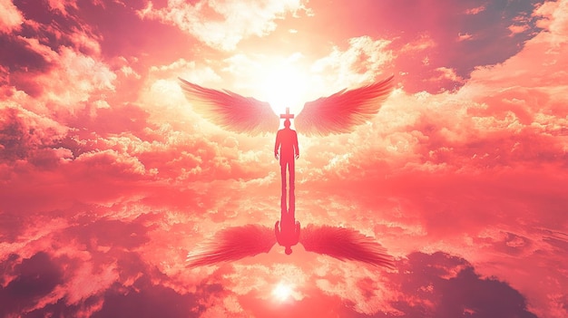 Photo a red angel with wings flying in the sky