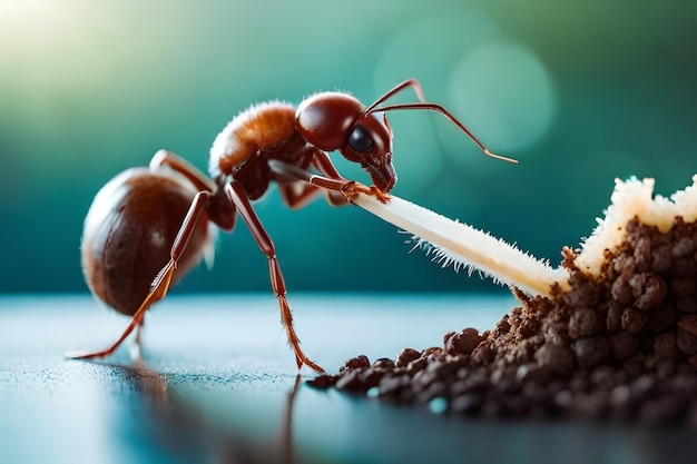 A red ant carries a straw into a hole in the ground.