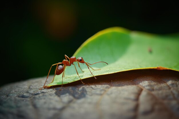 A red ant is walking on a leaf.