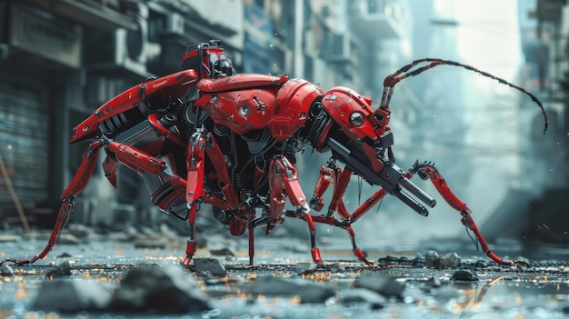 Red ant robot carrying a gun in the middle of a cyberpunk city AI generated image